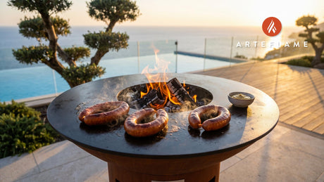Wood-Fired Smoked Sausages (Finnish Style) cooking on an Arteflame grill