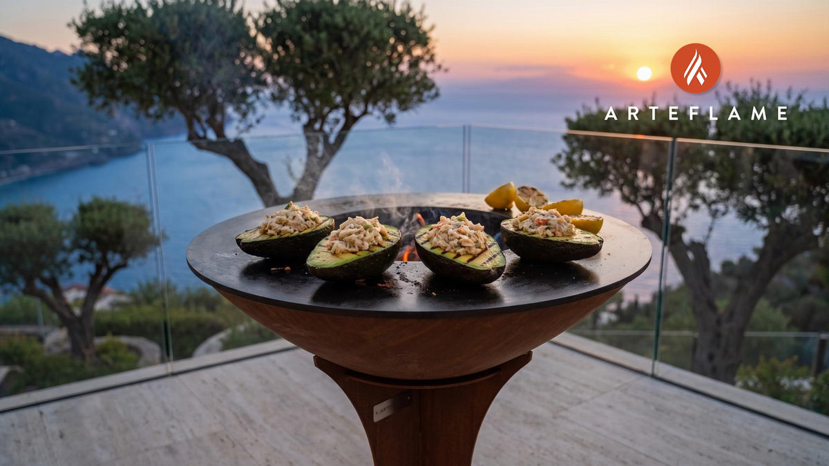 Grilled Avocado Stuffed with Crab (Florida Style) cooking on an Arteflame grill