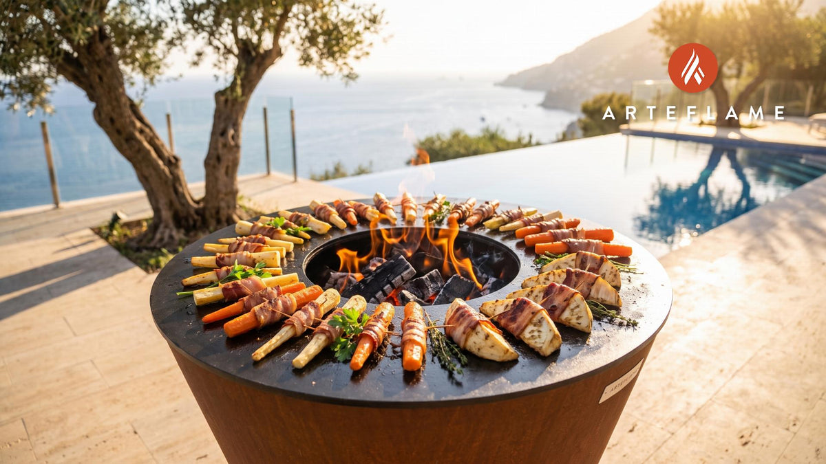 Wood-Fired Bacon Wrapped Root Vegetables (Finnish Style) cooking on an Arteflame grill