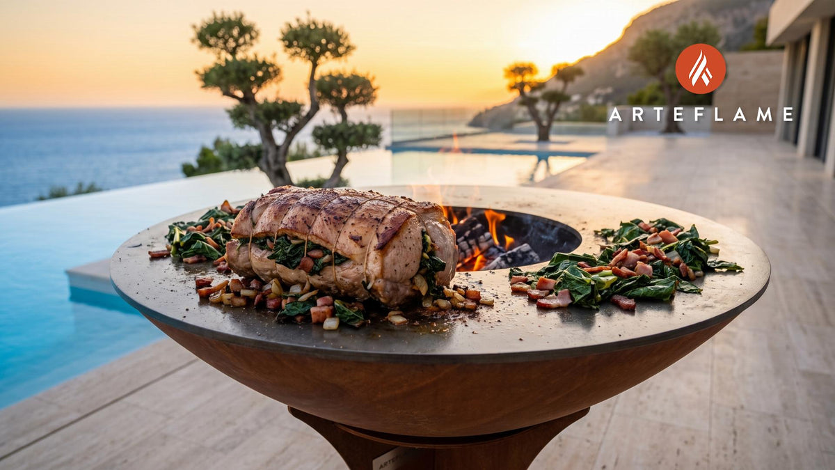 Collard Greens Stuffed Grilled Pork Loin (Florida Style) cooking on an Arteflame grill