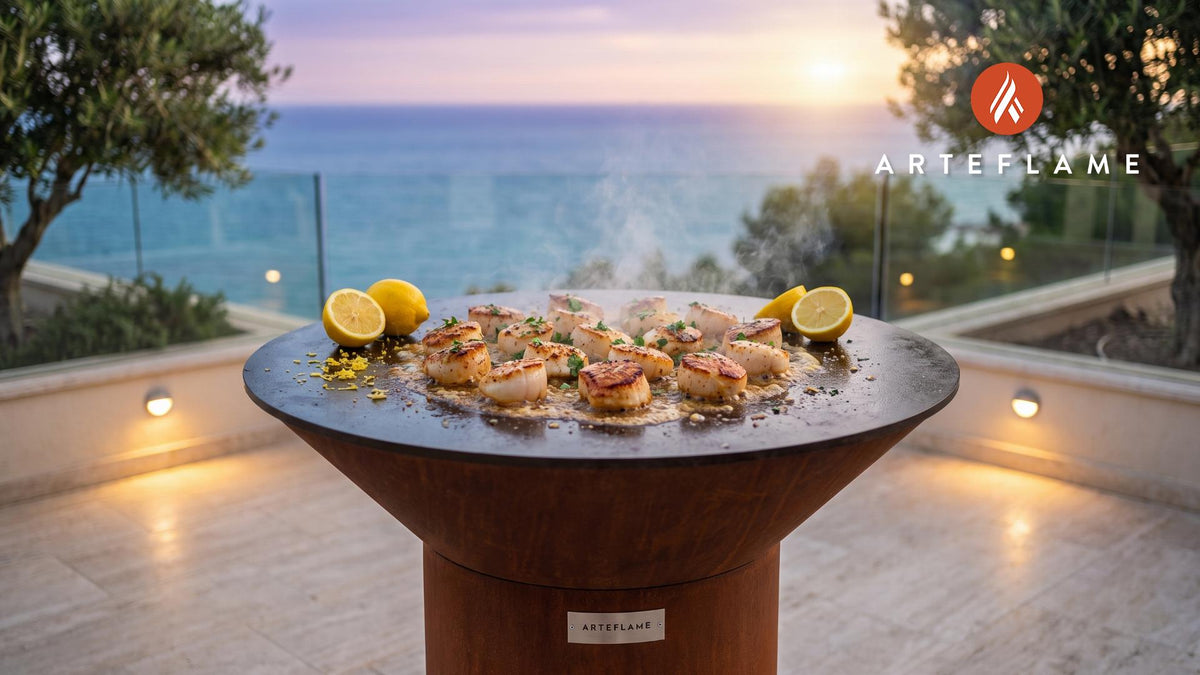 Grilled Scallops with Lemon Butter (Portuguese Style) cooking on an Arteflame grill
