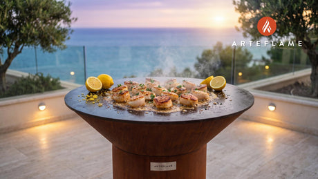 Grilled Scallops with Lemon Butter (Portuguese Style) cooking on an Arteflame grill