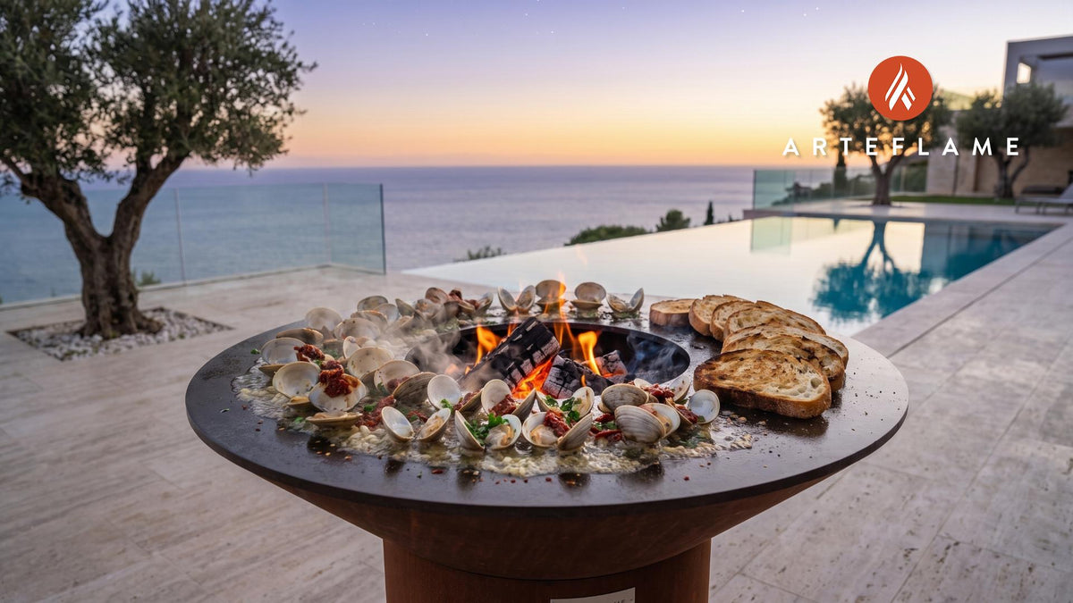 Grilled Clams with Sun-Dried Tomatoes (Florida Style) cooking on an Arteflame grill