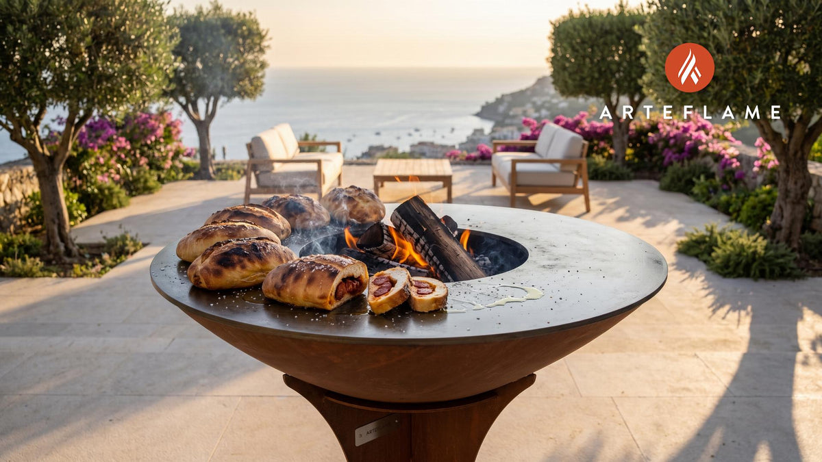 Grilled Chourico Stuffed Bread (Portuguese Style) cooking on an Arteflame grill