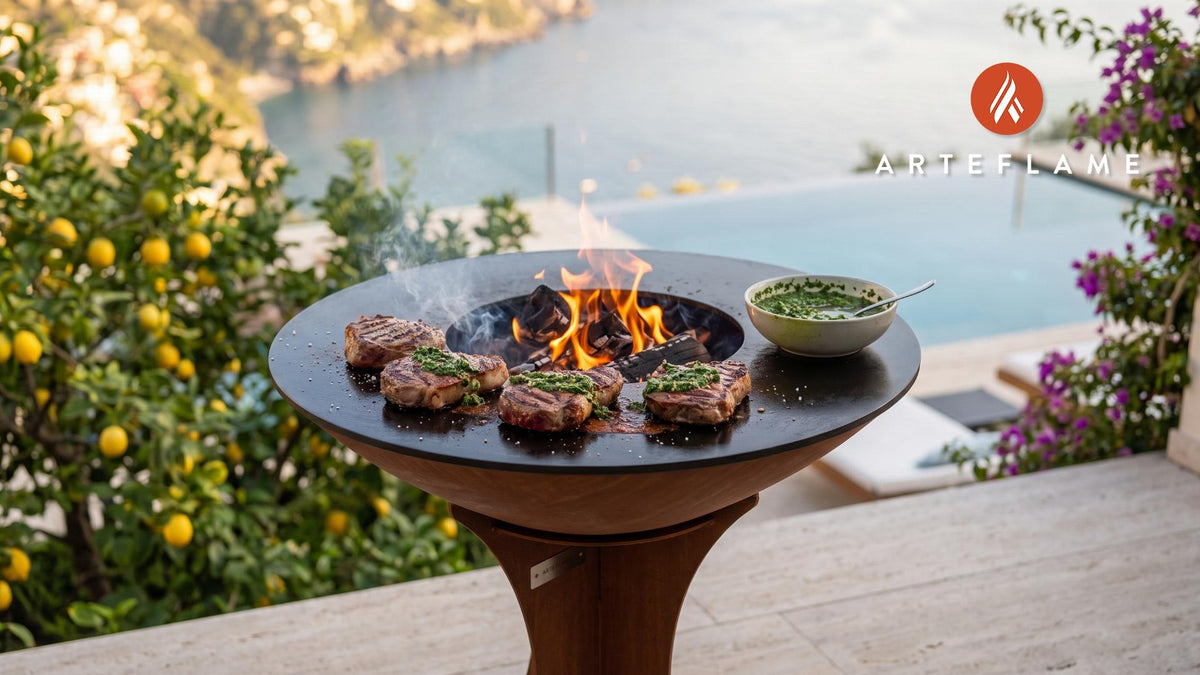 Grilled Veal Cutlets with Chimichurri (Portuguese Style) cooking on an Arteflame grill