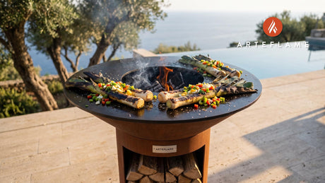 Charred Leeks with Vinaigrette (Portuguese Style) cooking on an Arteflame grill