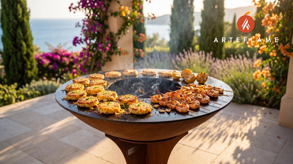 Grilled Shrimp & Grits Cakes (Georgia Style) cooking on an Arteflame grill