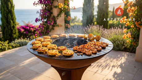 Grilled Shrimp & Grits Cakes (Georgia Style) cooking on an Arteflame grill
