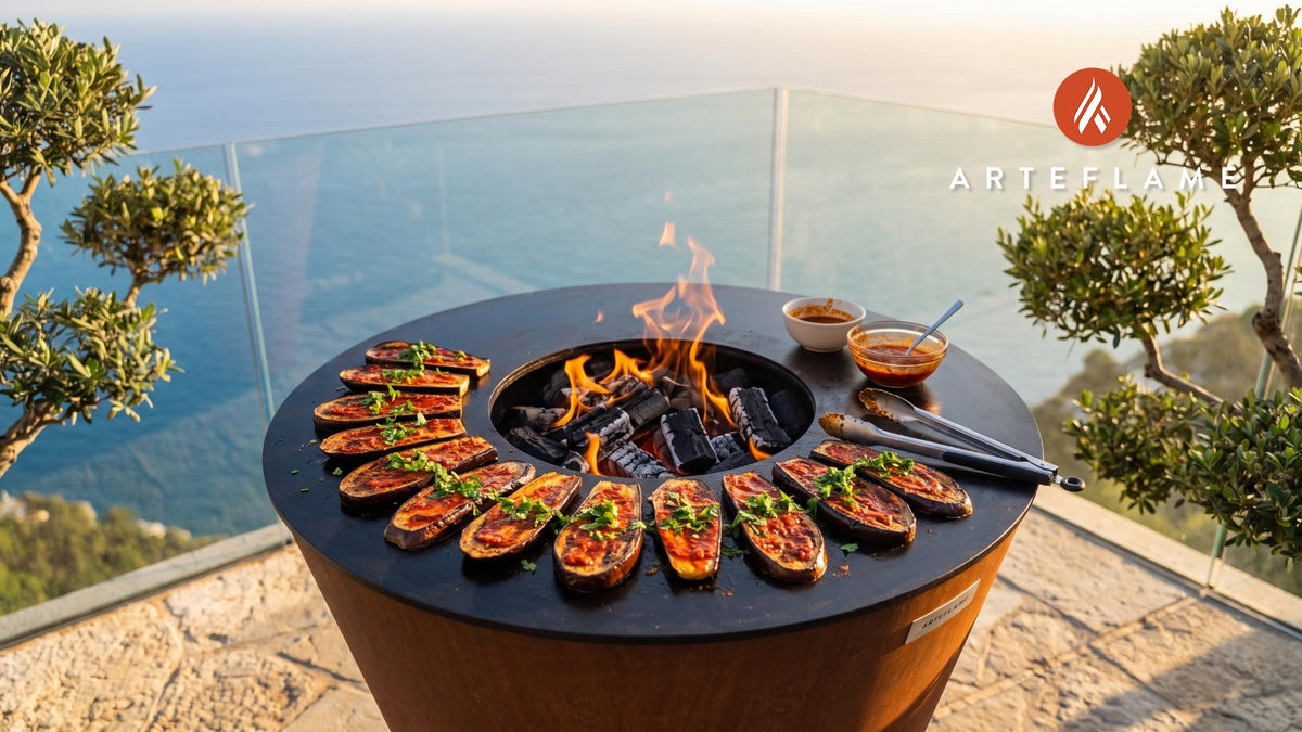 Grilled Eggplant with Piri Piri Sauce (Portuguese Style) cooking on an Arteflame grill