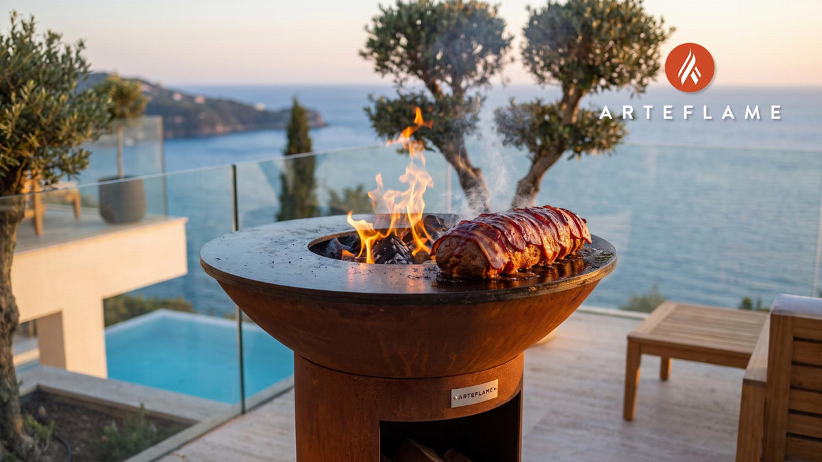 Grilled Bacon Wrapped Meatloaf (Georgia BBQ Style) cooking on an Arteflame grill