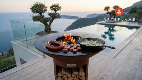 Grilled Smoked Sausage & Mustard Pickles (Swedish Style) cooking on an Arteflame grill