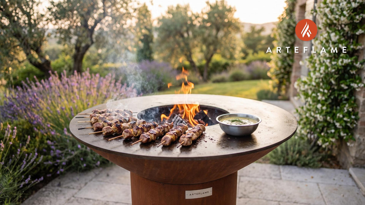 Grilled Meat Skewers & Mustard Sauce (Swedish Style) cooking on an Arteflame grill