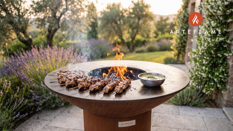 Grilled Meat Skewers & Mustard Sauce (Swedish Style) cooking on an Arteflame grill