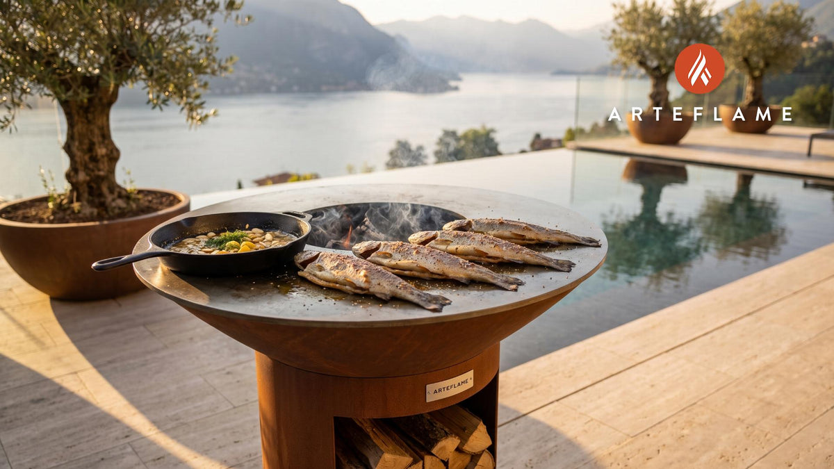 Hot Smoked Trout with Almond Butter (Swedish Style) cooking on an Arteflame grill