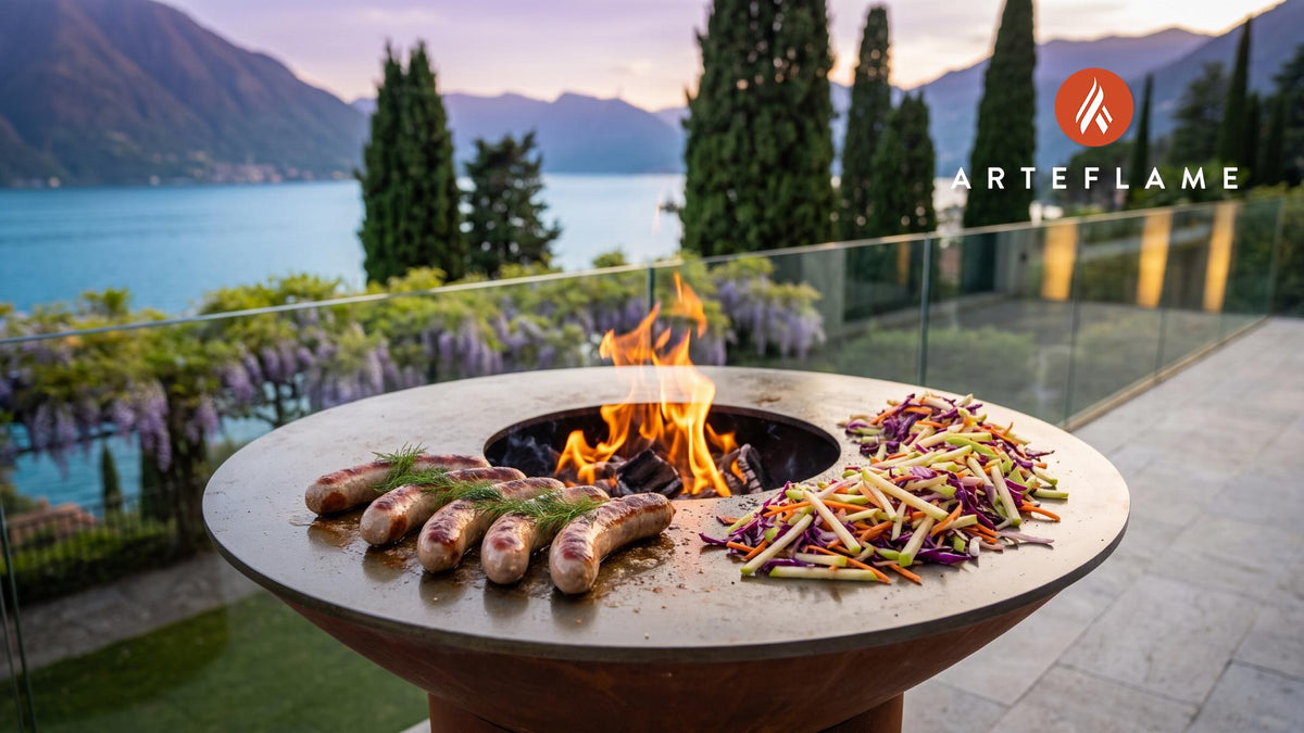 Grilled Aspic Sausage & Slaw (Swedish Style) cooking on an Arteflame grill