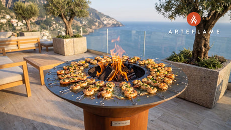Grilled Arctic Shrimp Skewers cooking on an Arteflame grill