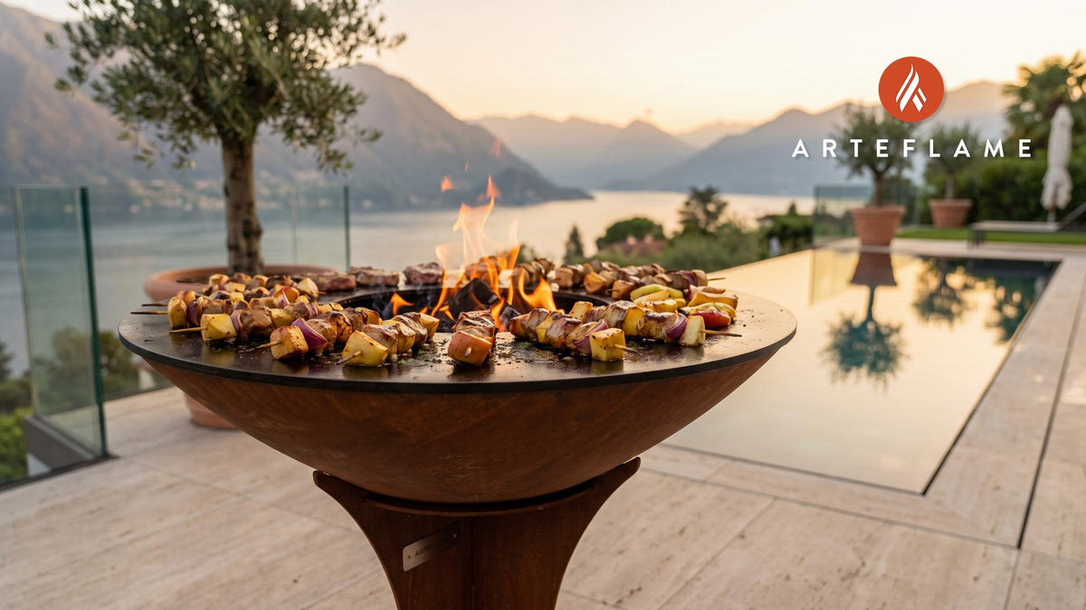 Mustard Glazed Pork & Apple Skewers (Swedish Style) cooking on an Arteflame grill