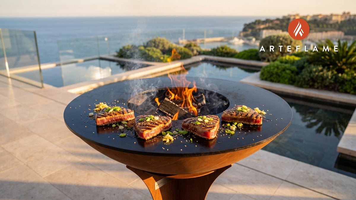 Seared Ahi Tuna with Sesame Soy Glaze (Hawaiian Style) cooking on an Arteflame grill