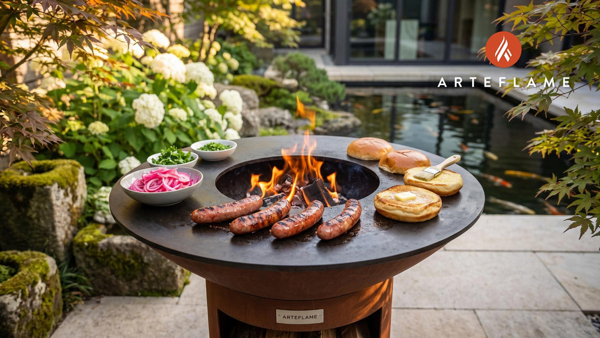 Grilled Beef Sausage & Pickled Onion (Swedish Style) cooking on an Arteflame grill