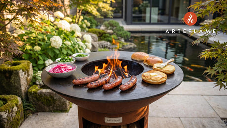 Grilled Beef Sausage & Pickled Onion (Swedish Style) cooking on an Arteflame grill