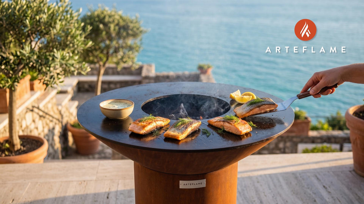 Grilled Arctic Char with Dill Sauce (Swedish Style) cooking on an Arteflame grill