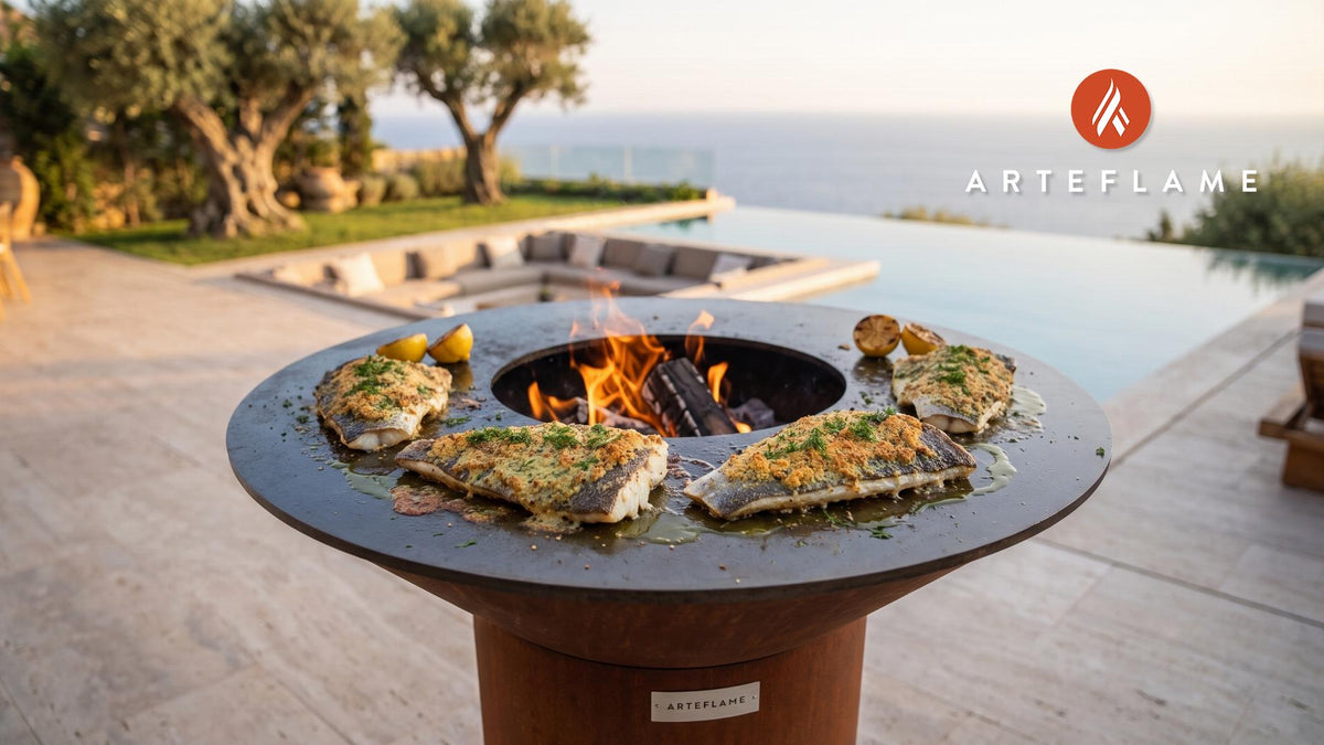 Grilled Haddock with Mustard Crust (Swedish) cooking on an Arteflame grill