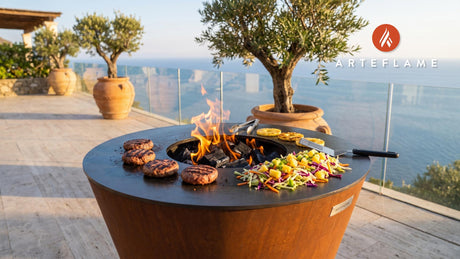 Grilled Taro Burgers & Tropical Slaw (Hawaiian) cooking on an Arteflame grill