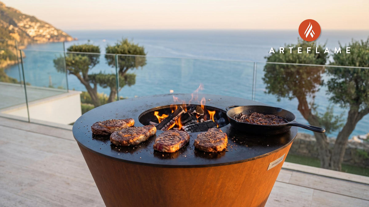 Grilled Peppercorn Steak & Onion Marmalade (Swedish Style) cooking on an Arteflame grill