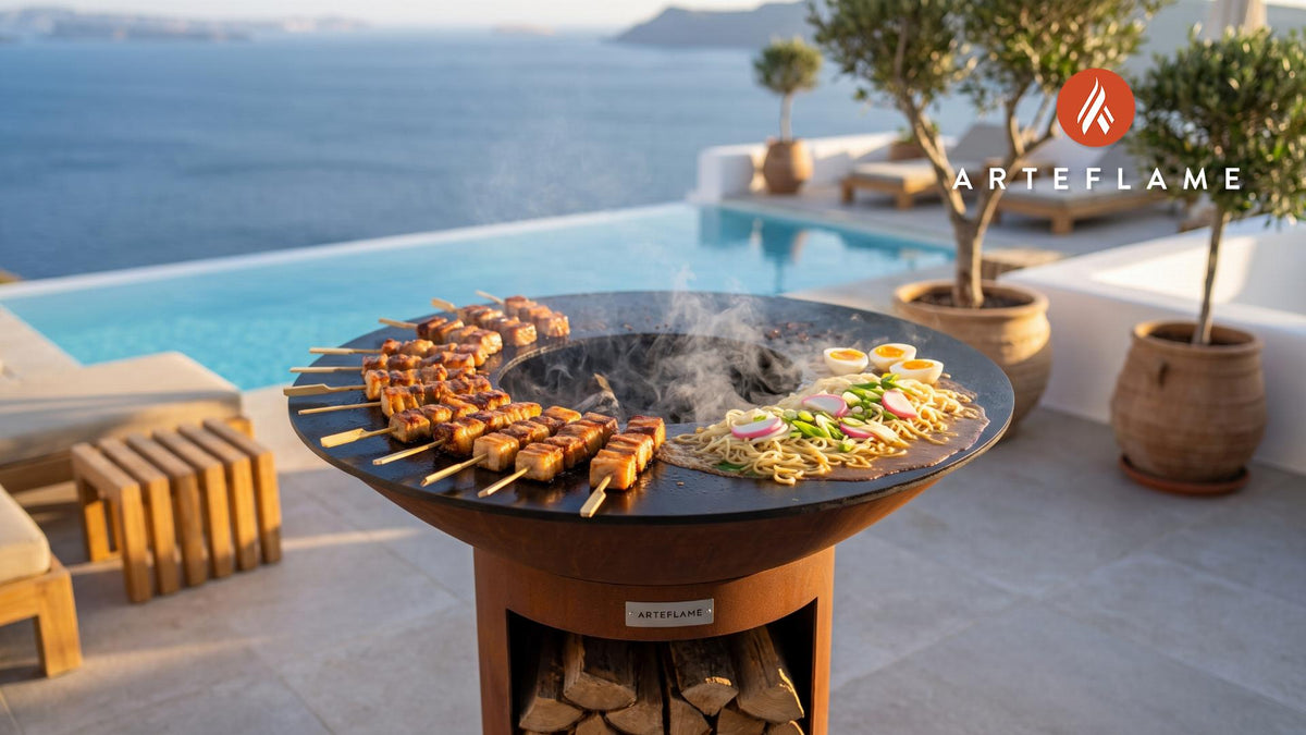 Grilled Pork Belly Skewers & Saimin (Hawaiian Style) cooking on an Arteflame grill