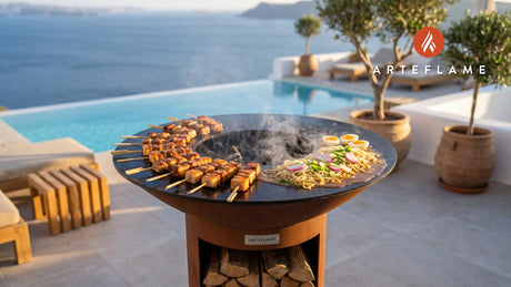 Grilled Pork Belly Skewers & Saimin (Hawaiian Style) cooking on an Arteflame grill