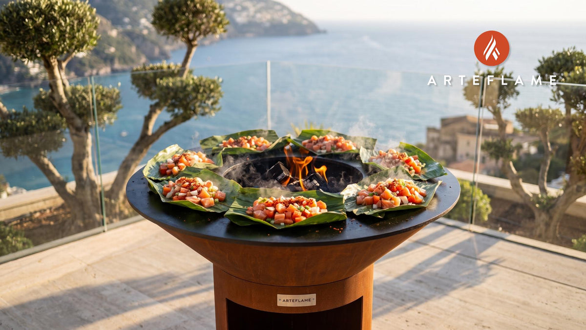 Grilled Lomilomi Salmon in Ti Leaves (Hawaiian Style) cooking on an Arteflame grill