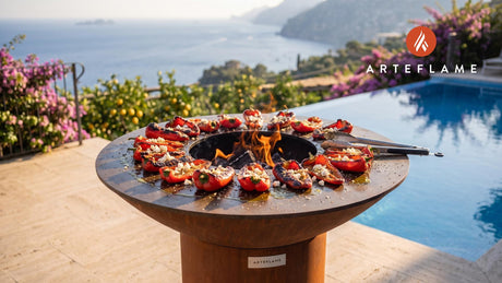 Grilled Red Peppers with Feta (Greek Style) cooking on an Arteflame grill
