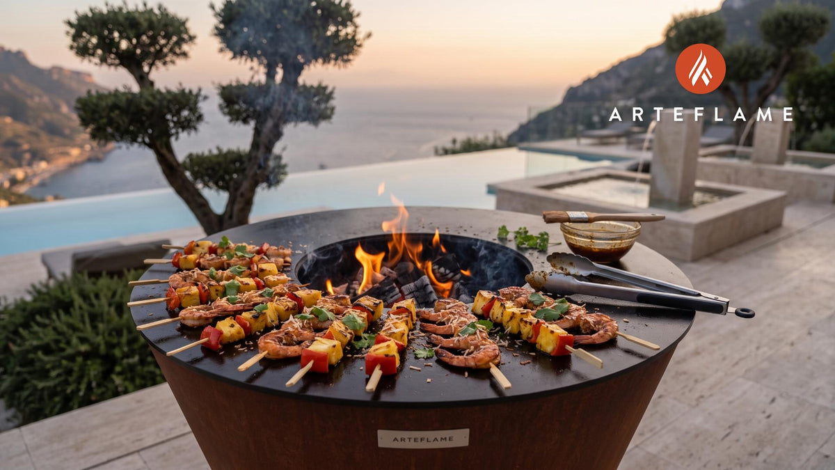 Grilled Coconut Shrimp Skewers (Hawaiian Style) cooking on an Arteflame grill