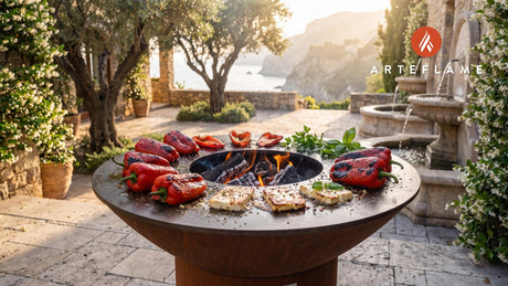 Charred Red Peppers & Feta (Greek Style) cooking on an Arteflame grill