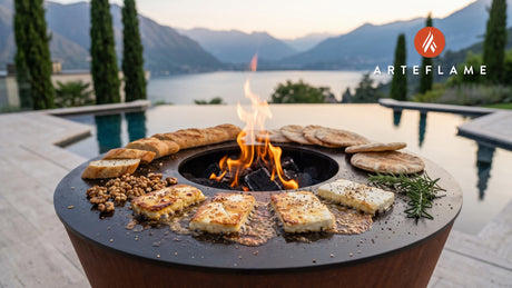 Grilled Greek Manouri Cheese cooking on an Arteflame grill