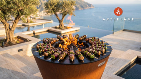Charred Greek Mushroom Souvlaki cooking on an Arteflame grill