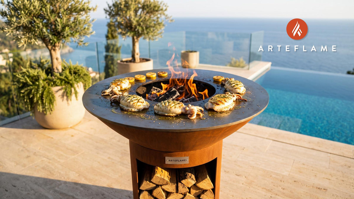 Tender Grilled Cuttlefish (Greek Thrapsalo) cooking on an Arteflame grill