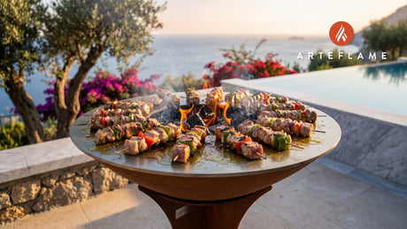 Greek Grilled Pork Kontosouvli cooking on an Arteflame grill