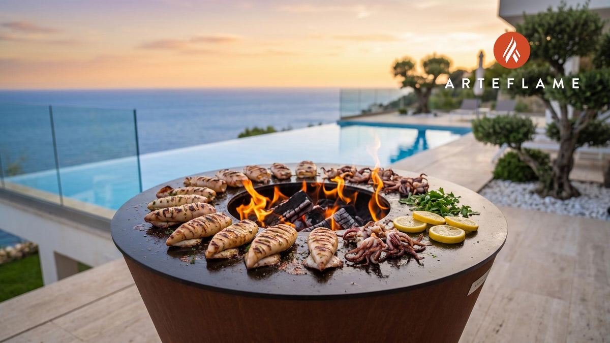 Grilled Calamari (Greek Style) cooking on an Arteflame grill