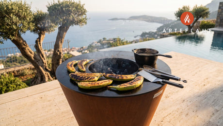 Charred Green Bananas with Coconut Syrup (Hawaiian Style) cooking on an Arteflame grill