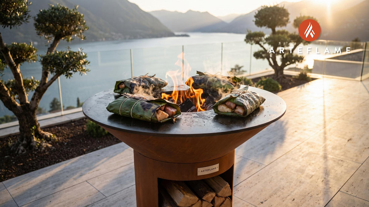 Wood-Fired Fish Wraps (Hawaiian Lau Lau Style) cooking on an Arteflame grill