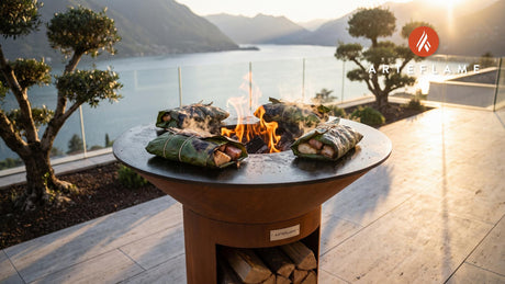 Wood-Fired Fish Wraps (Hawaiian Lau Lau Style) cooking on an Arteflame grill