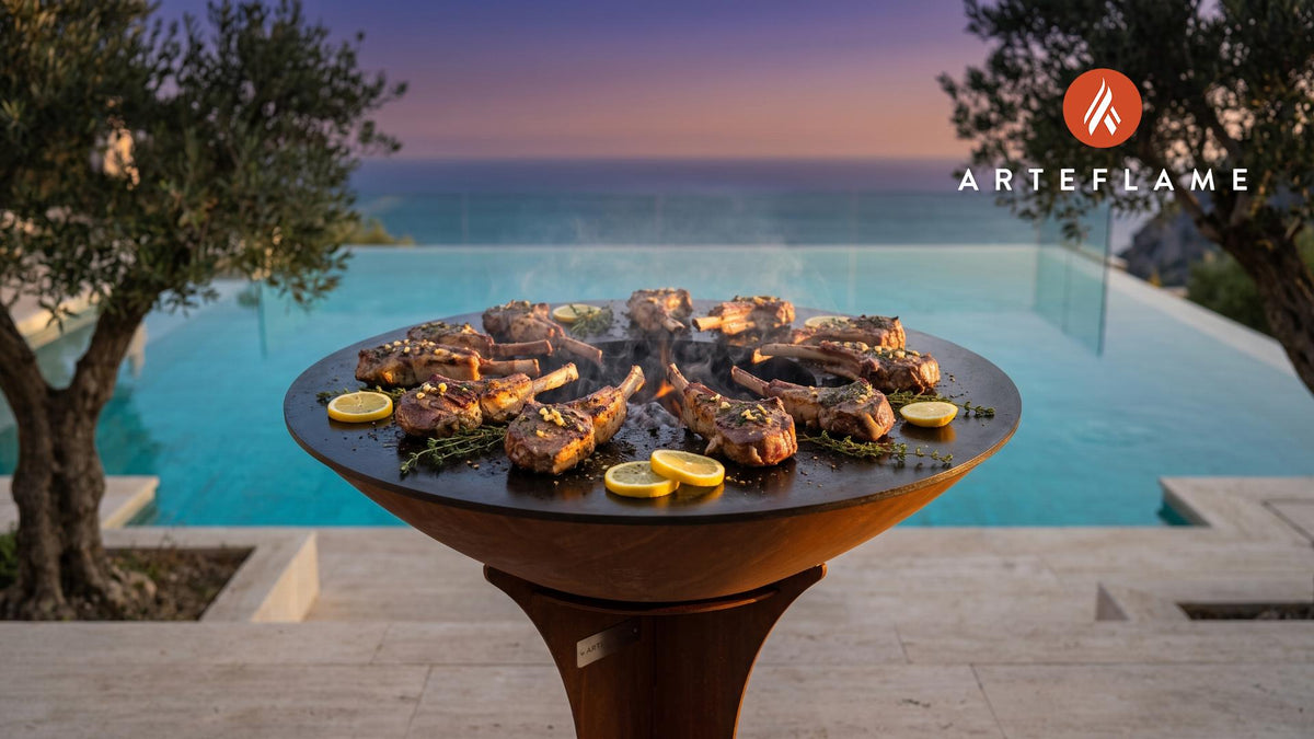 Grilled Lamb Ribs with Lemon Thyme (Greek Style) cooking on an Arteflame grill