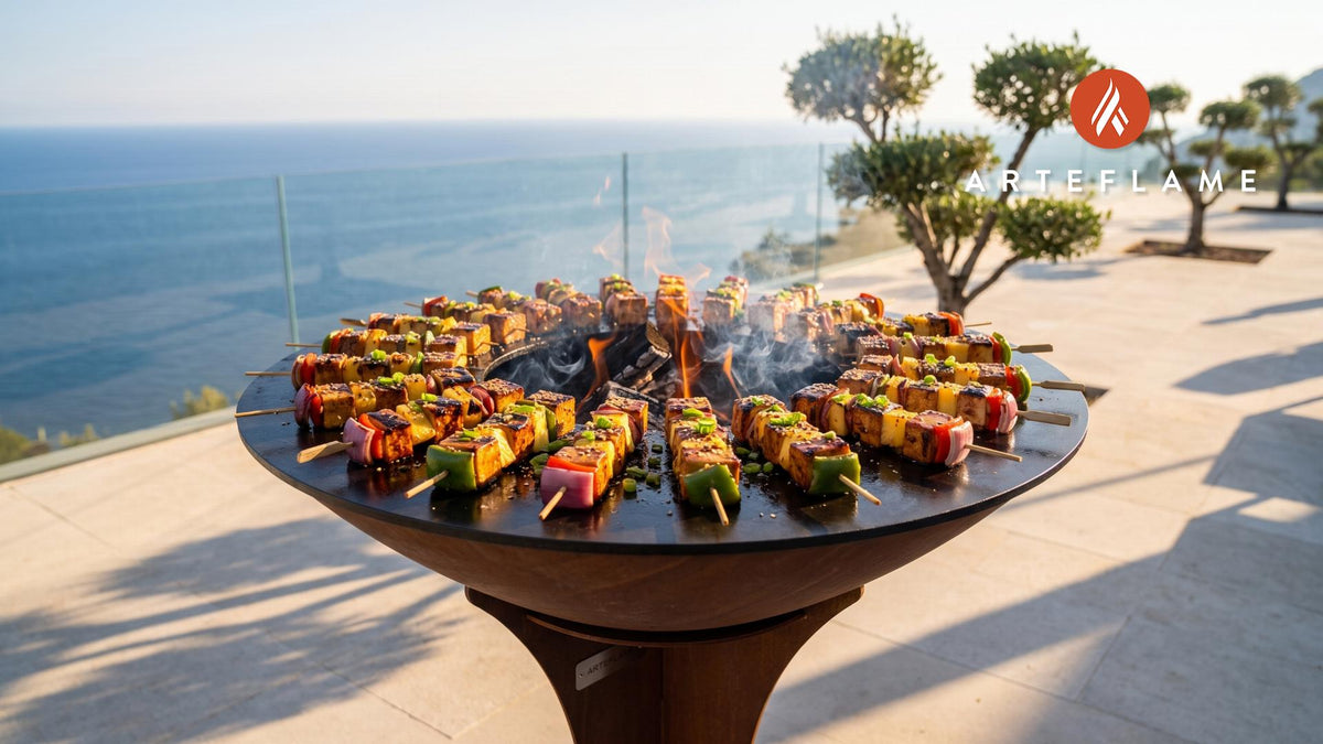 Charred Tofu Skewers (Hawaiian BBQ Soy Glaze) cooking on an Arteflame grill