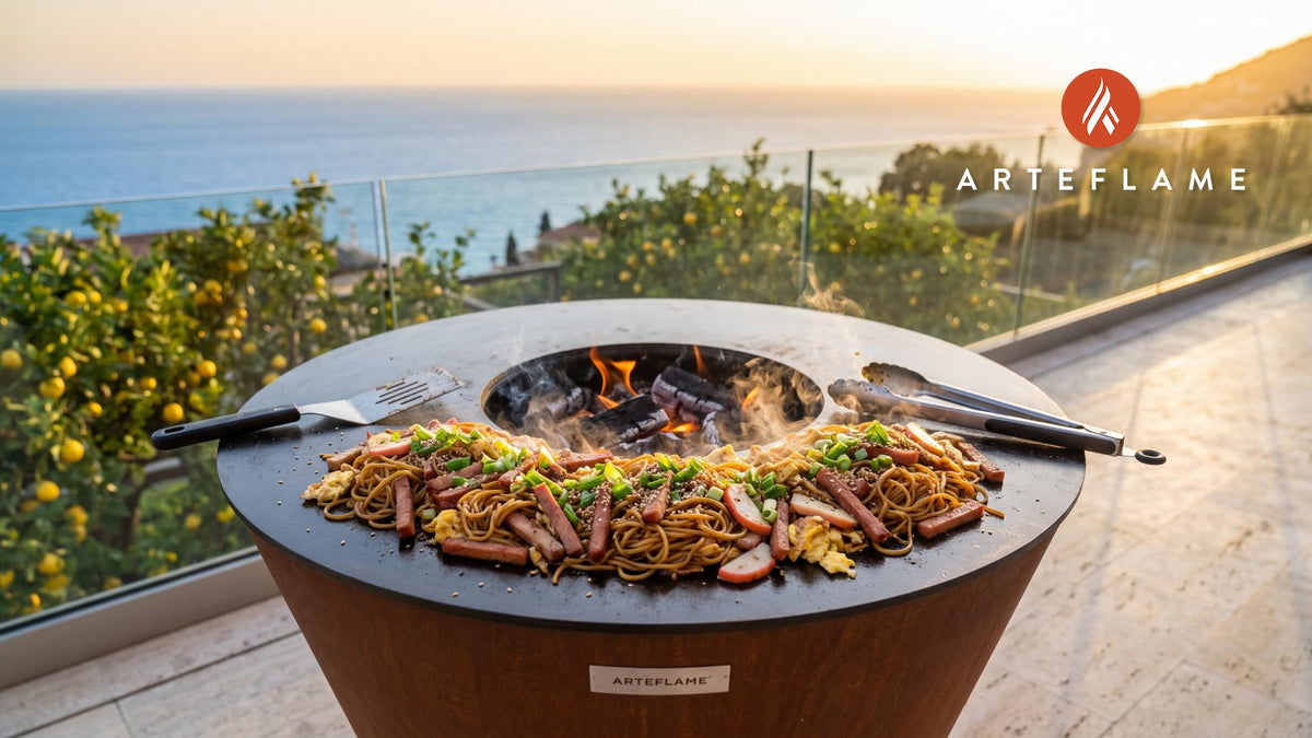 Grilled Saimin Noodles & Char Siu Pork (Hawaiian) cooking on an Arteflame grill