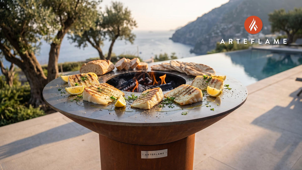 Grilled Kefalograviera Cheese cooking on an Arteflame grill