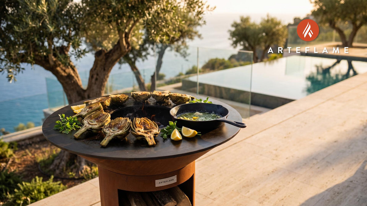 Grilled Artichokes with Lemon Butter (Greek) cooking on an Arteflame grill