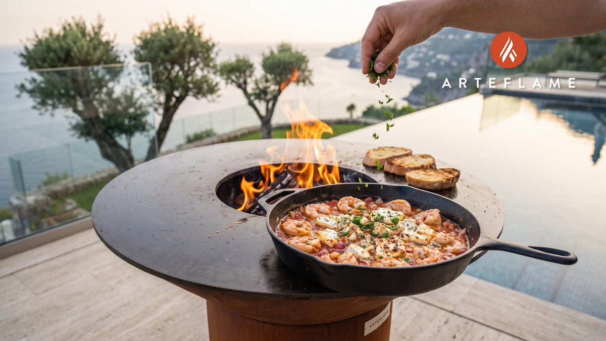 Wood-Fired Shrimp Saganaki (Greek Style) cooking on an Arteflame grill