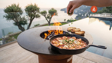Wood-Fired Shrimp Saganaki (Greek Style) cooking on an Arteflame grill