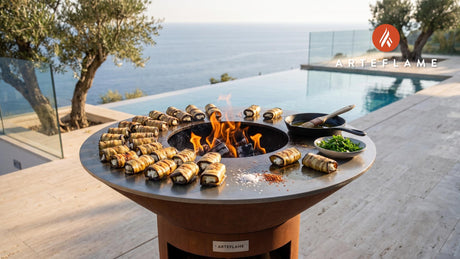 Grilled Eggplant Rolls with Feta (Greek Style) cooking on an Arteflame grill